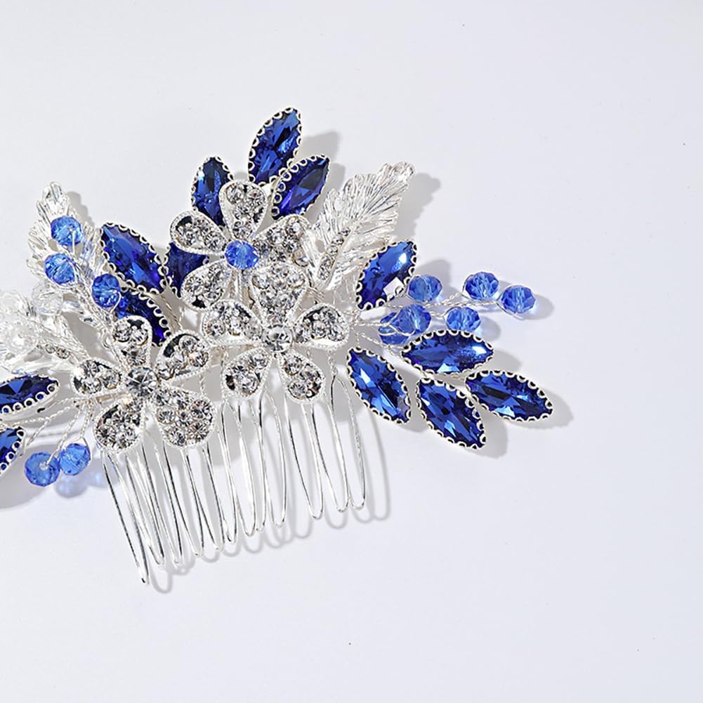 Flower Bridal Blue Rhinestone Hair Comb, Hair Accessories Rhinestone Hair Piece for Women and Girls - Image 7
