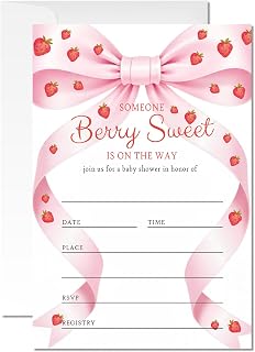 20 Berry Sweet Baby Shower Invitations, Strawberry Theme Invite Cards with Envelopes, 4x6 Inch Pink Bow Baby Shower Invites for Girl. (047)