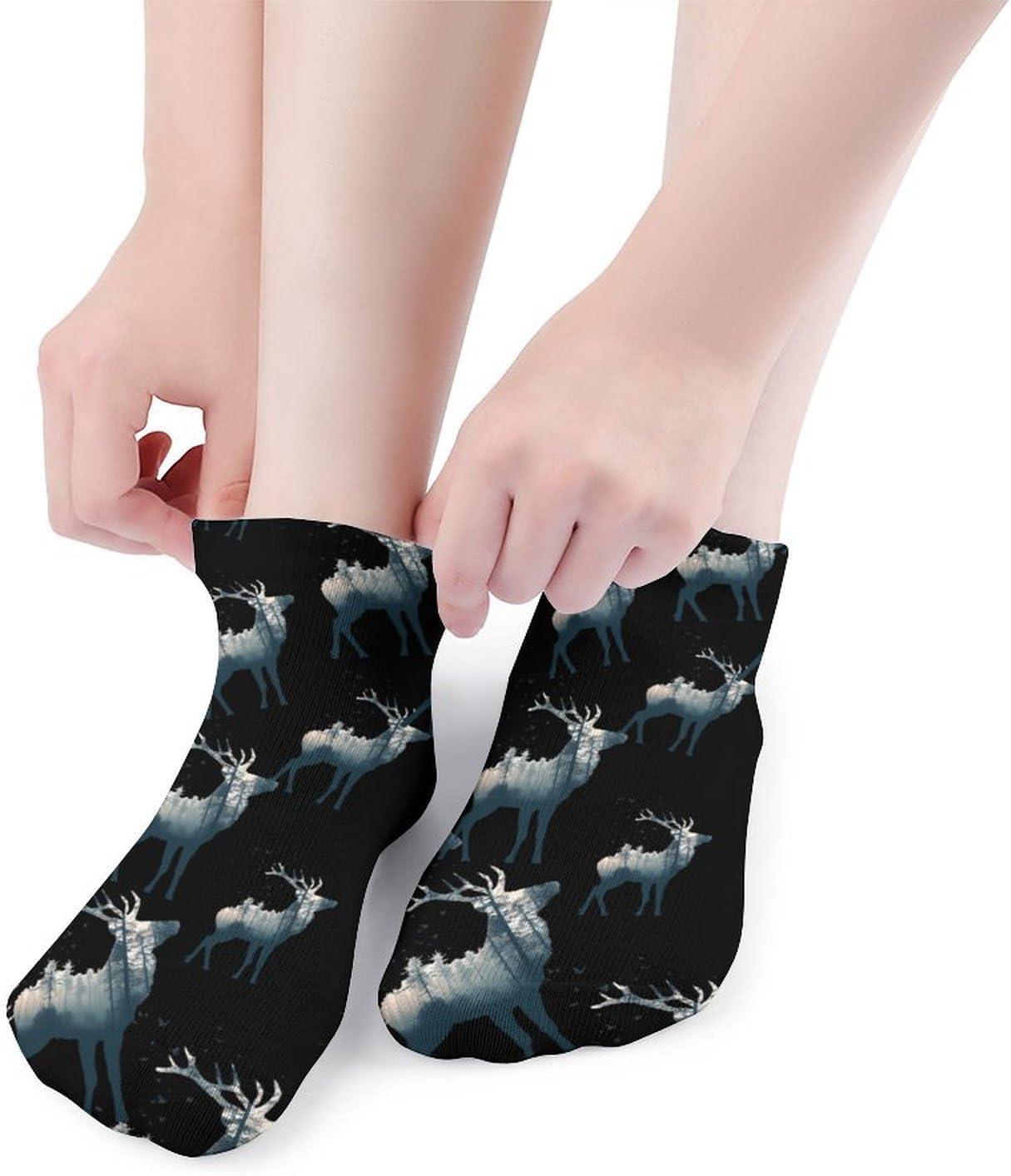 Deer Silhouette Forsets No Show Ankle Socks Low Cut Non Slip Flat Boat Line 5 Pairs Set
