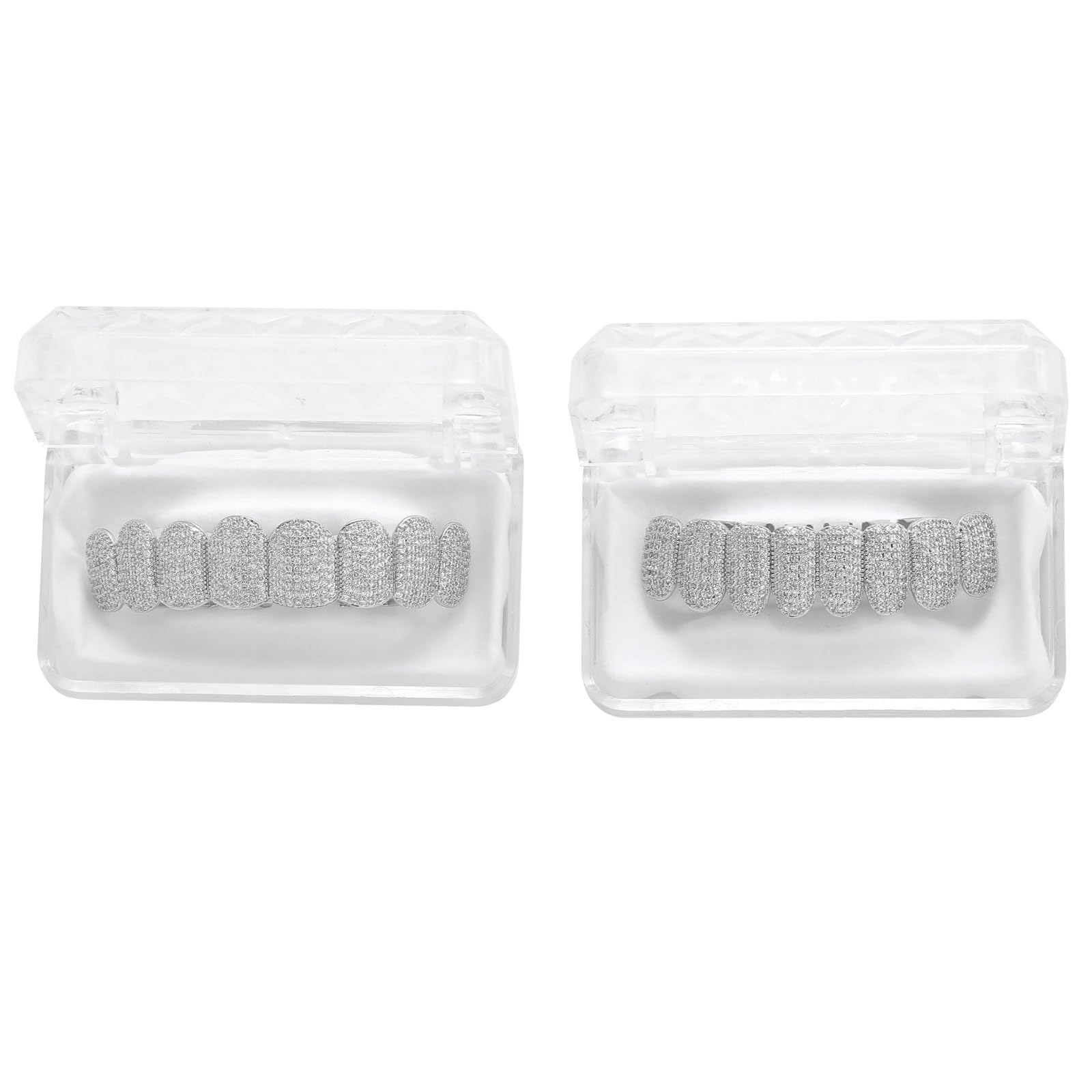Generic Hip Hop Dents Grillz Caps Iced Out CZ Top et Bottom Plaqué Or Brillant Vampire Fangs Grillz pour vos dents pour les hommes et les femmes,Argent,set