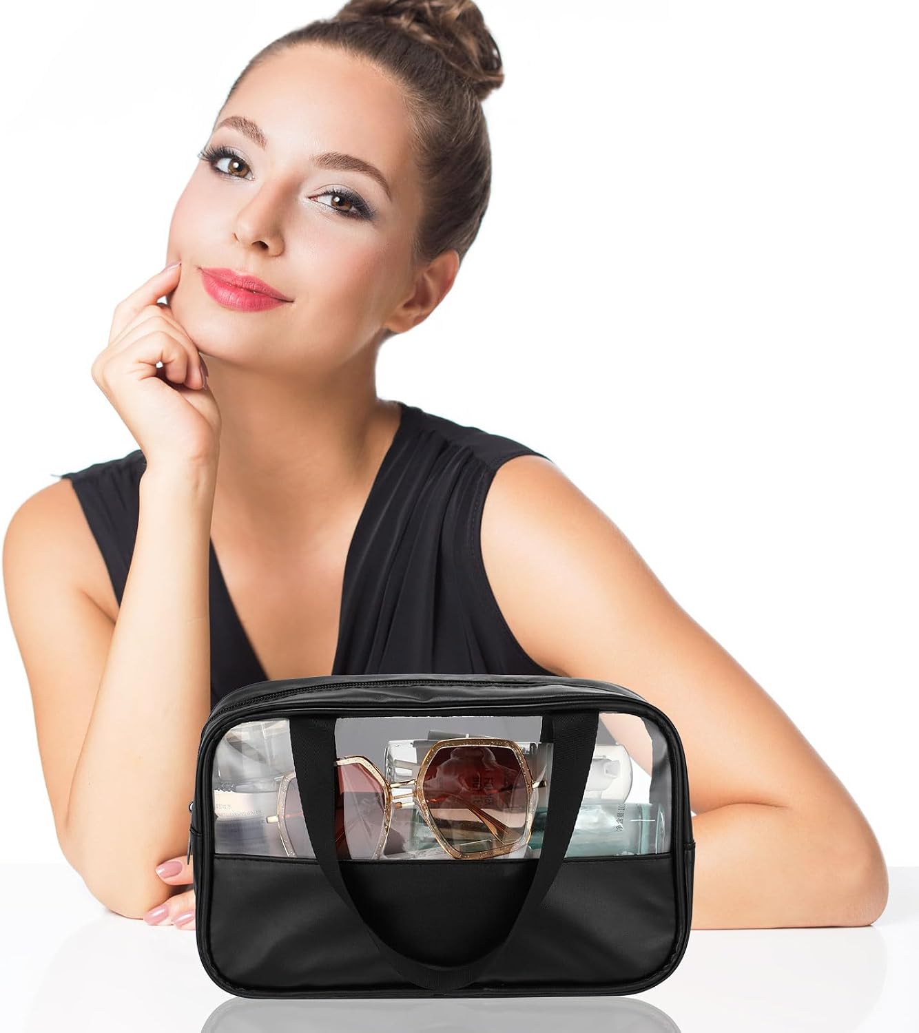 Buryeah 20 Pcs Translucent Makeup Bag Toiletry Organizer for Women Men Waterproof Portable Cosmetic Bag with Hanging Handles Travel Storage Carry Pouch Gifts for Bridesmaid (Black)