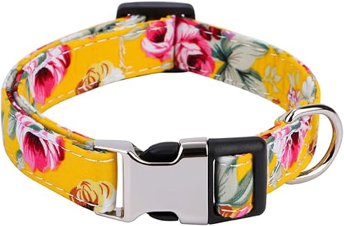 Miniatura 7 de Collar para perros pequeños, medianos y grandes, collar de algodón para mascotas, patrones de margaritas y rosas con hebilla de liberación rápida