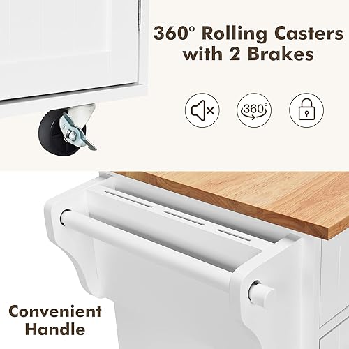Miniatura 4 de COSTWAY Carrito móvil de isla de cocina carrito de almacenamiento con barra de toallas 2 cajones profundos armarios de 3 puertas ruedas giratorias