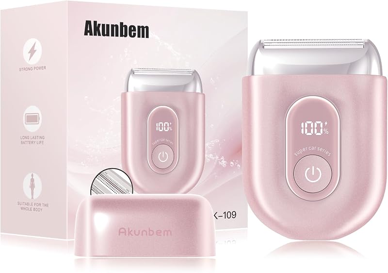 Barbeador elétrico feminino Akunbem FK-109 para corpo, pernas e linha do biquíni, uso seco e úmido, sem fio, rosa