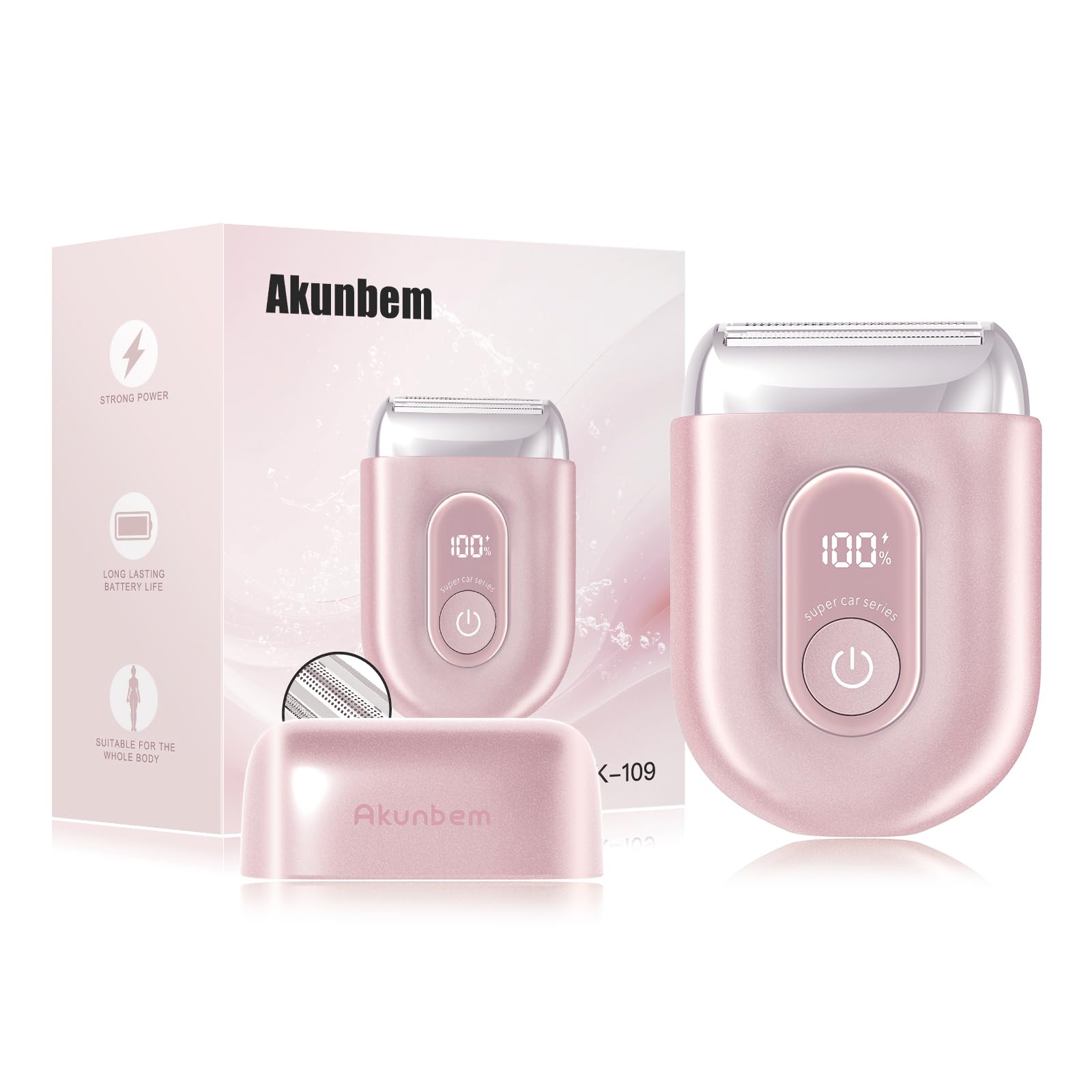 Akunbem Electric Razors for Women - Mini Bikini Trimmer for Women - Electric Shavers for Pubic Hair Legs Arm & Body - Painless Electric Hair Removal Device Cordless Wet & Dry Use Pink 1 Pack