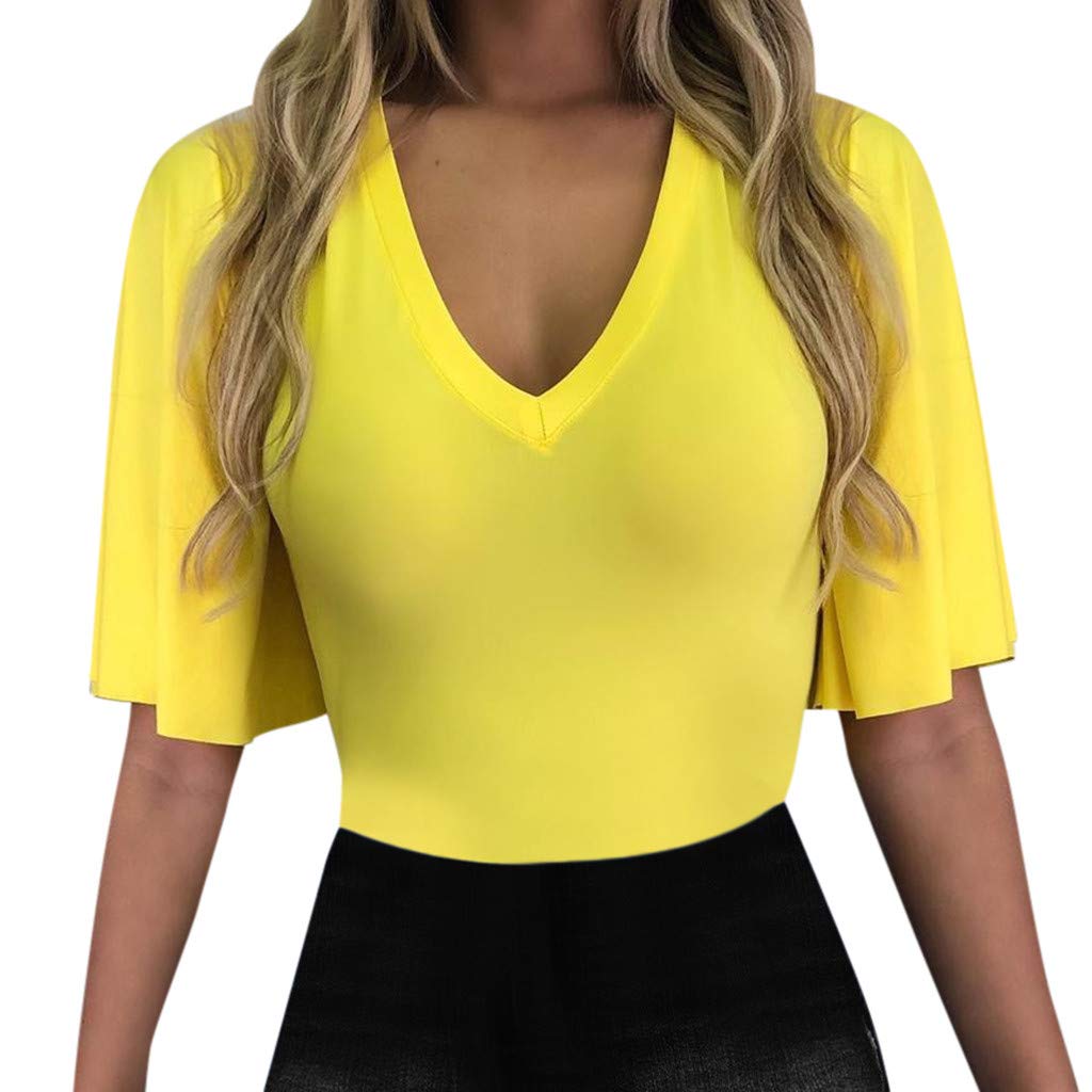 Evansamp-blouseBlouse for Women,Evansamp Sexy Deep V Solid Short Flare Sleeve T-Shirt Tops,Close-FIT