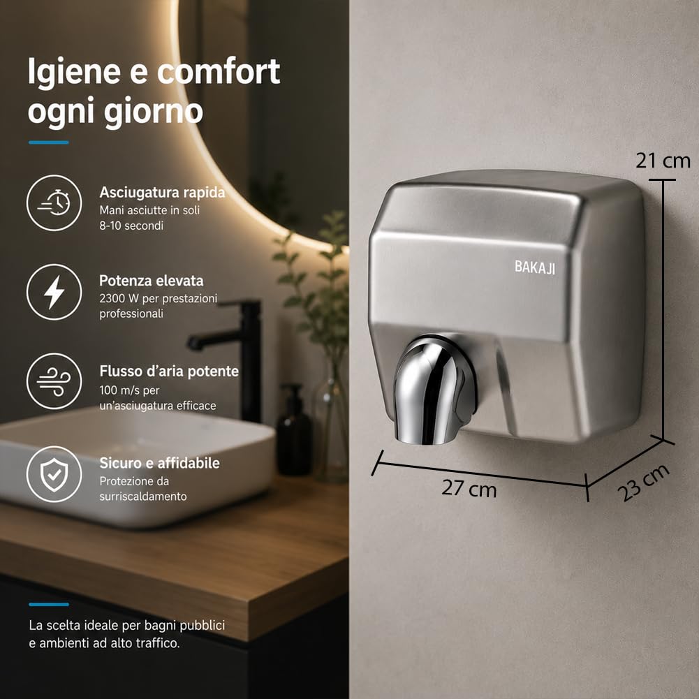 BAKAJI Secador de manos automático eléctrico de pared para hoteles, baños públicos, restaurantes, secador de manos de aire caliente de pared con sensor fotocélula, potencia 2300 W, secado a alta