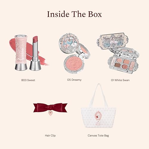 Miniatura 2 de Flower Knows Swan Ballet - Juego de maquillaje de 5 piezas, lápiz labial brillante (B03) + rubor en polvo (05) + sombra de ojos (01) + bolsa de lona