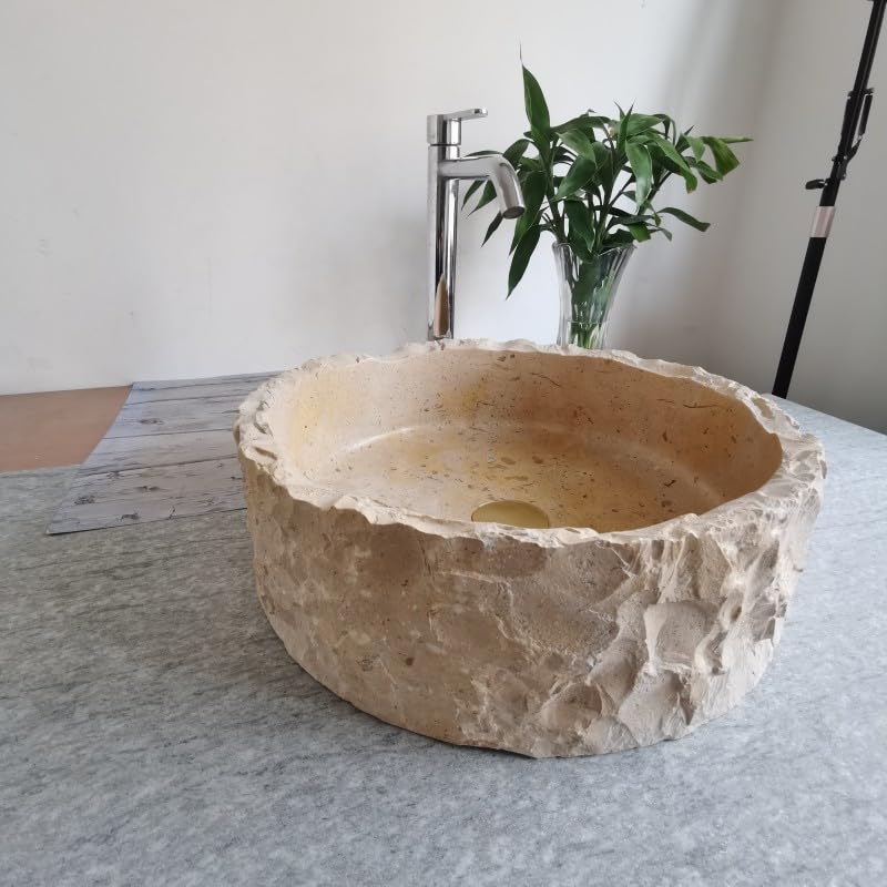 Beżowy trawertyn kamienna umywalka blat okrągłe zlewozmywaki 40 cm x 13 cm chrocks