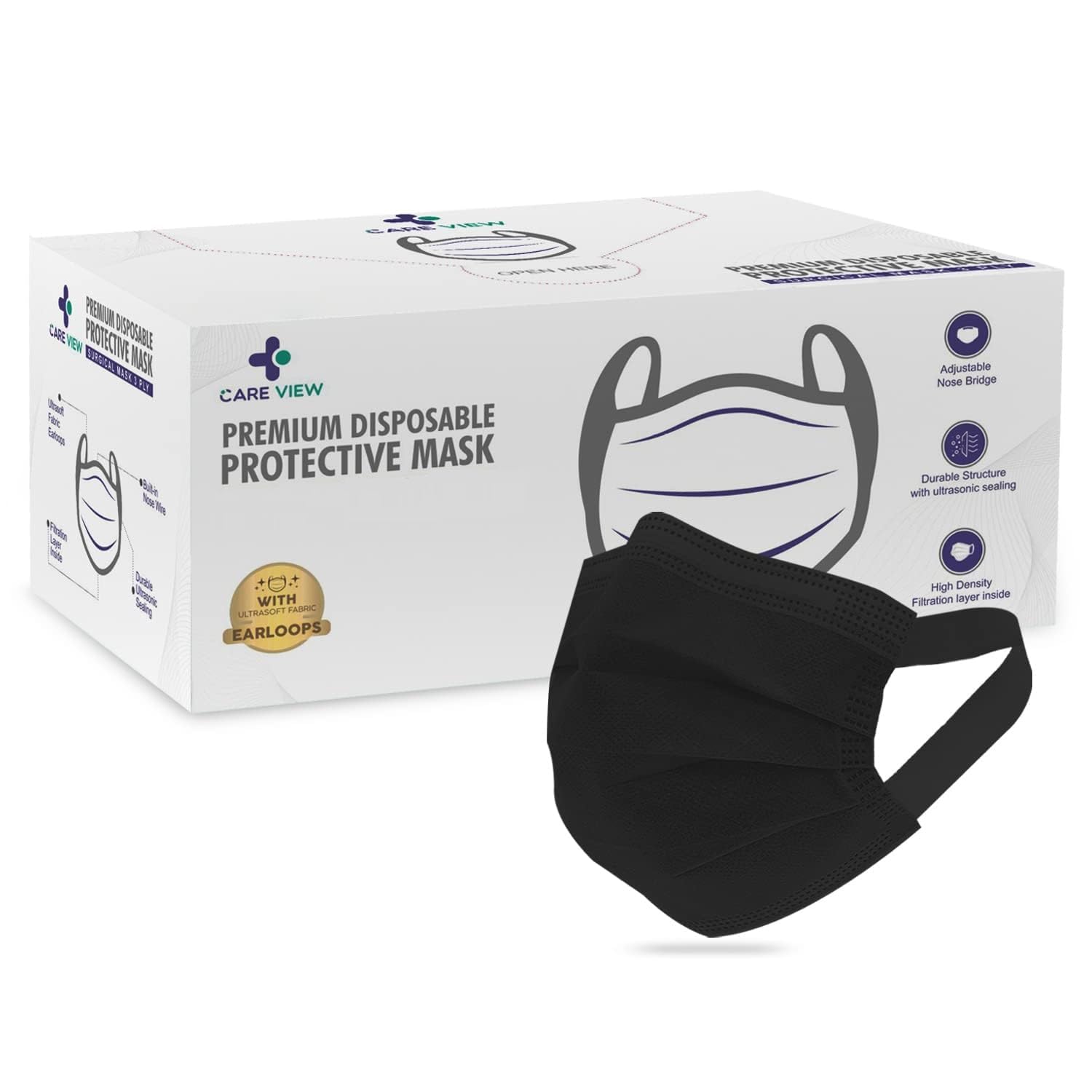 Careview N95 3-ply disposable box with fabric earloop and built-in nose pin