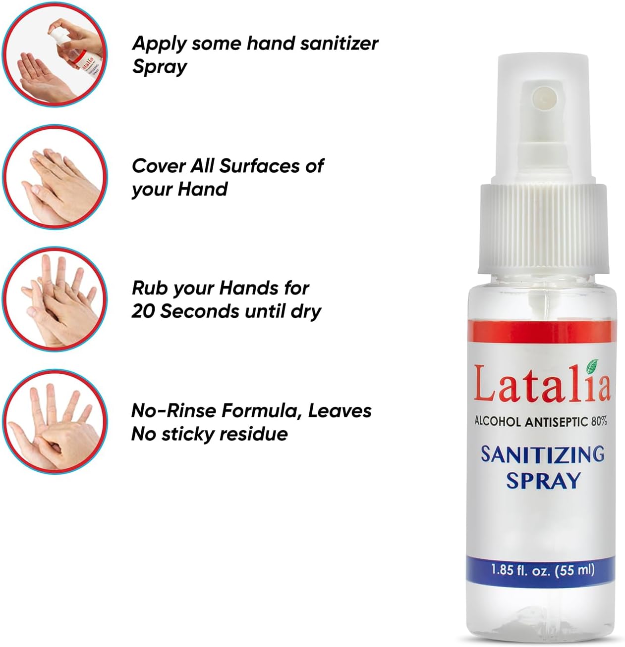 Latalia Hand Sanitizer Spray - Pack of 12 Unscented Spray Hand Sanitizer for Hands (1.85 fl. oz & 55ml)