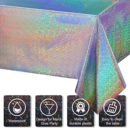 4 Pack Iridescence Silver Plastic Tablecloths Shiny Disposable Laser Rectangle Table Covers Holographic Foil Metallic Tablecloth Iridescent Party Decorations Birthday Bridal Wedding Christmas 54"X108" #TOP2