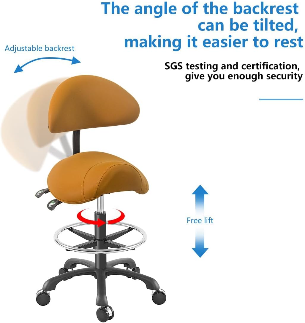 Ergonomic Adjustable Drafting Chair with Oversized Saddle Seat, Heavy-Duty Esthetician Stool for Salon Office Workshop Stool, Smooth Casters for Hard Soft Floors(with Backrest/Footrest,Bronw)