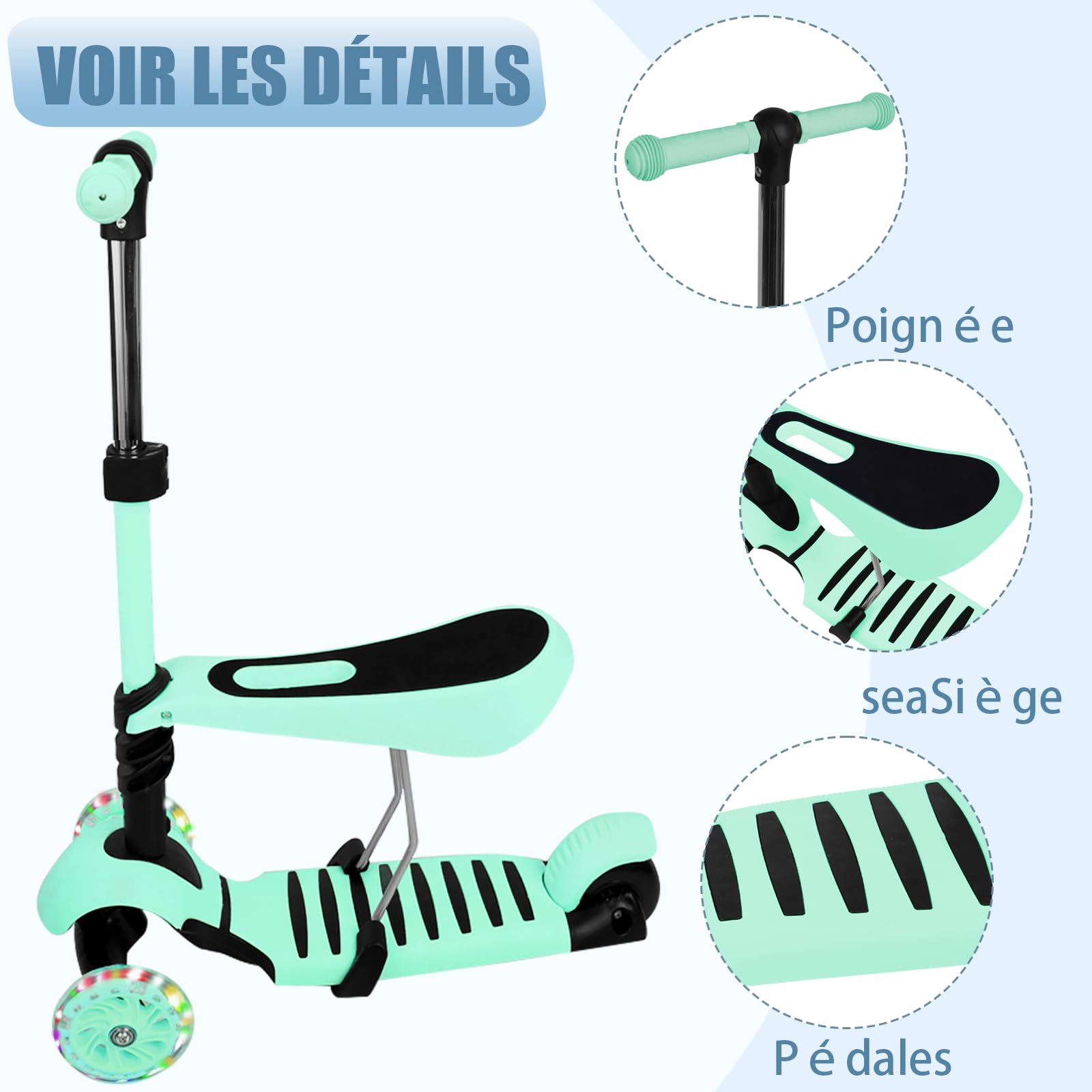 Patinete con asiento 3 en 1, 3 ruedas, bandeja antideslizante LED, patinete triciclo ajustable en altura, patinete infantil para niños de 18 meses a 8 años