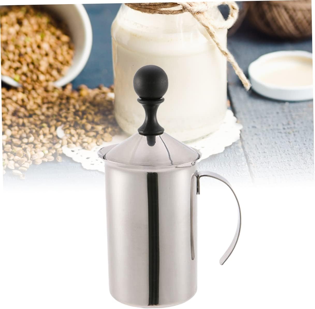 PRETYZOOM Manual Milk Frother Hand Pump Milk Frother Cup Stainless Steel Pitcher