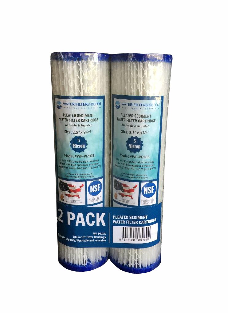 WFD, WF-PE105 2.5"x9-3/4" 5 Micron Pleated Sediment Water Filter Cartridge, Fits in 10" Standard Size Housings of Undersink RO or Filtration Systems (2 Pack, 5 Micron)