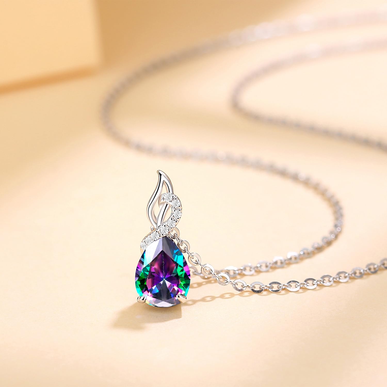 FANCIME Solide 14 Karat 585 Weiß Gold Anhänger Kette mit Tropfen Edelstein 0.28ct Diamant Geschenk Schmuck für Damen, 925 Silber Kettenlänge: 40 + 5 cm