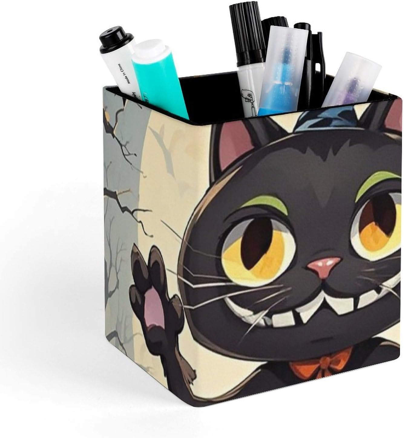 Evil Cat Leather Pen Holder for Office, Modern Pencil Holder