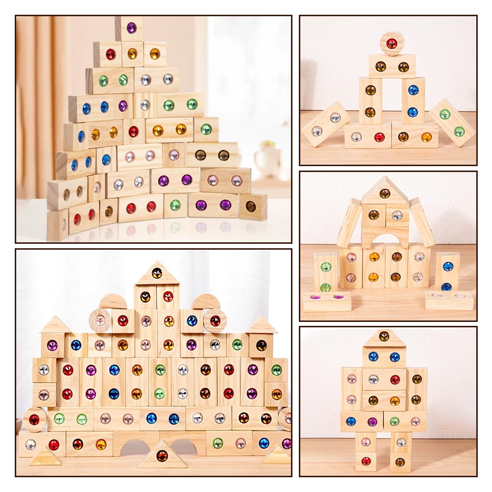 Sensorik Bausteine, Regenbogen Bausteine Holz, Regenbogen-Stapelblock Stapelspielzeug, Sensorische Bausteine für Kinder, Sensorik-Konstruktionsspielzeug für jungèn (50)