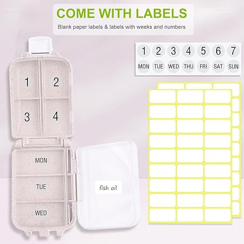 Miniatura 4 de Pastillero portátil con diseño plegable, 8 compartimentos para guardar vitaminas, aceite de hígado de bacalao, suplementos y medicamentos (beige)