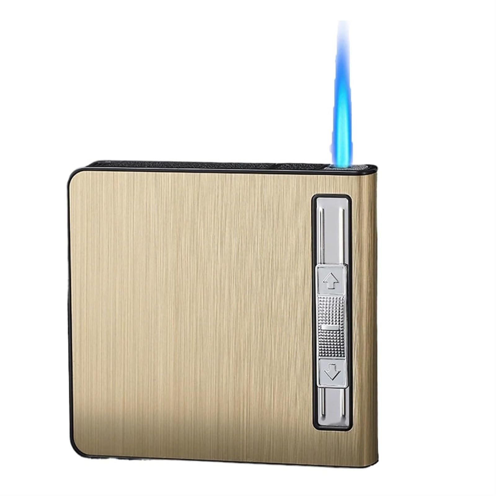 Caifuguihe Gold Cigarette Case With Built-In Windproof Lighter, Automatic Cigarette Dispenser Holds 10-20 Regular Size Cigarettes, Refillable Butane Jet Torch Lighter & Waterproof Portable Box(Gold)