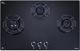 Elica 70cm 3 Burner Auto Ignition Hob | FLEXI HEXA 370 LOTUS IND HD BRASS | SABAF Brass Burners (4kW, 2.5kW, 1.7kW) | Hexa Cast Iron Grid | 8mm Toughened Glass | 10-Year Burner Warranty | Black