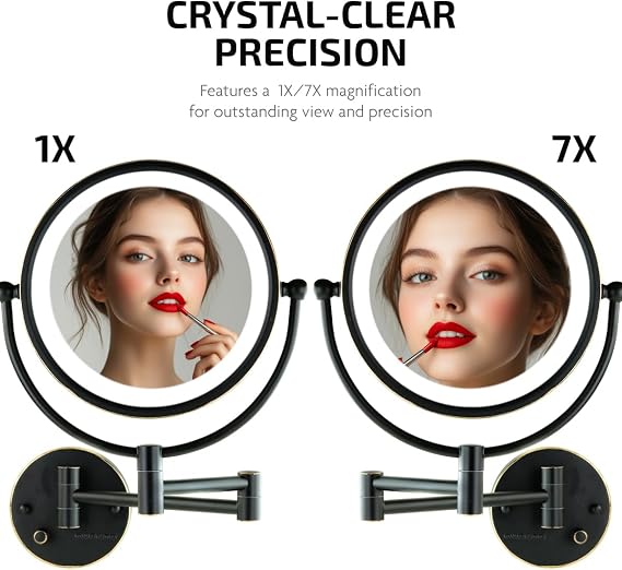 OVENTE Wall Mounted Lighted Makeup Vanity Mirror, 9 Hard Wired Double Sided 1X/7X Magnifying Bathroom Mirror, Dimmable LED Lights, 360 Rotation and 14 Extendable Arm, Rubbed Bronze MPWD3185BZ1X7X