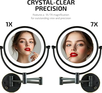 OVENTE Wall Mounted Lighted Makeup Vanity Mirror, 9 Hard Wired Double Sided 1X/7X Magnifying Bathroom Mirror, Dimmable LED Lights, 360 Rotation and 14 Extendable Arm, Rubbed Bronze MPWD3185BZ1X7X
