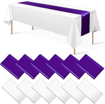 12Pack 12x108 Inch Satin Table Runner and 54x108Inch Plastic Tablecloths Set White Purple Disposable Rectangle Table Cover for Graduation Wedding Bridal Shower Anniversary Birthday Party Decorations