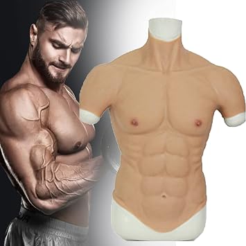 Fake Male Chest Arm Silicone Muscle Half Body High Collar for Christmas Hollaween Props Cosplay Makeup Masquerade Costume,Tan-S