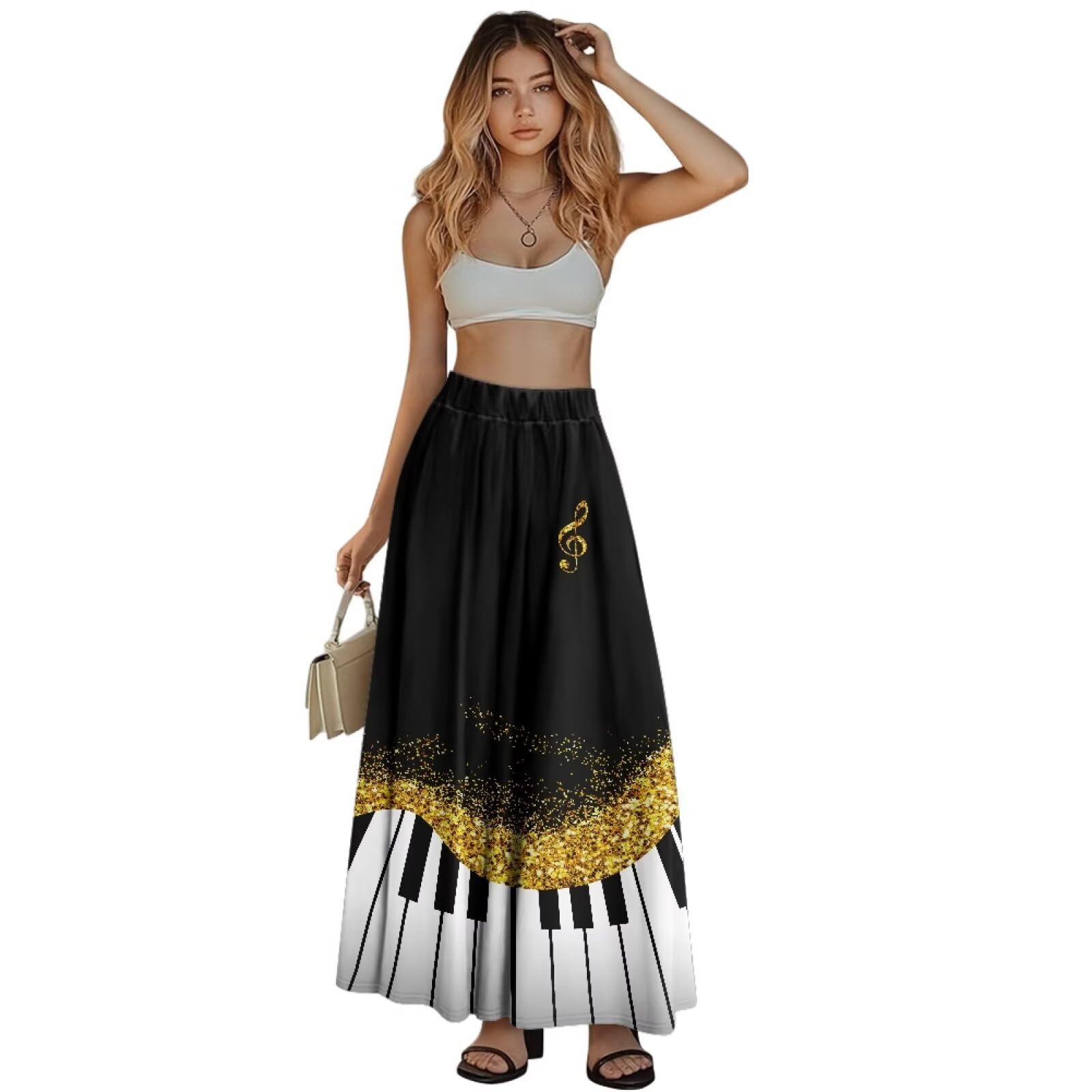 COEQINE Maxi-Röcke für Damen, langer Rock, elastisch, hohe Taille, plissiert, A-Linie, Herbstkleid mit Tasche, für Urlaub, S-2XL