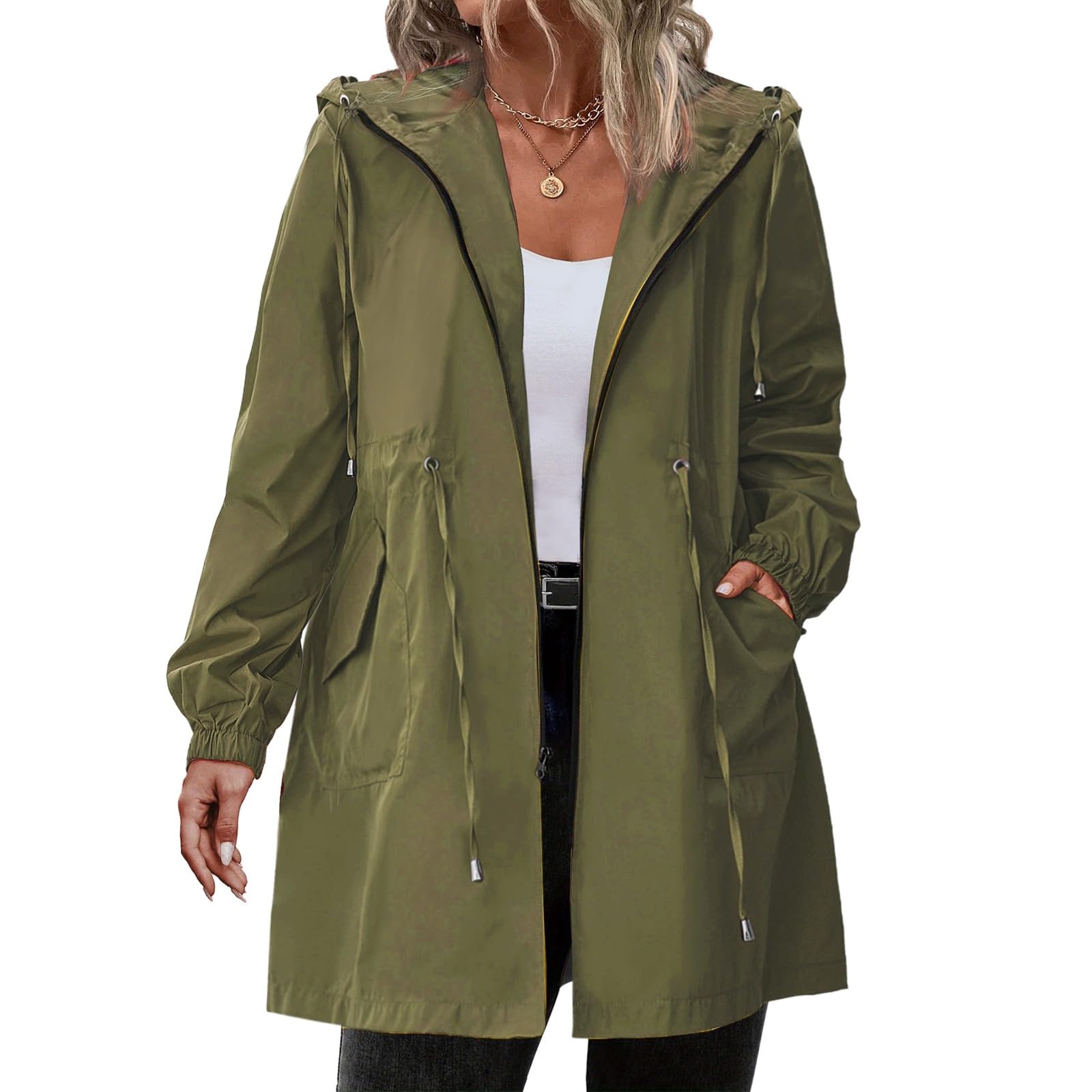 Generico Felpa da Donna con Zip E Cappuccio Media Lunghezza Tinta Unita | Hoodie Leggero Con Tasche E Coulisse Sweatshirt Manica Lunga Giacca Antipioggia Per Escursionismo Viaggio Uso Quotidiano