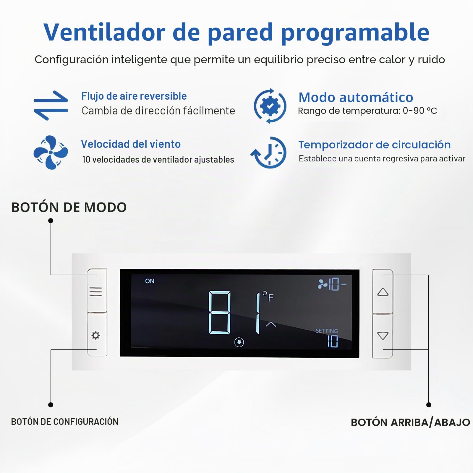 Ventilador de transferencia de aire de habitación a habitación de 8 pulgadas para circulación silenciosa, diseño de flujo de aire reversible, ventilador de pared programable de 320 CFM, calidad de