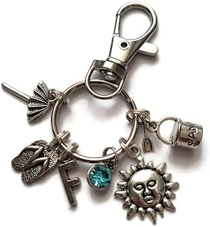 Personalised BEACH lover themed silver charm keyring OR bag clip gift, toes in the sand birthday Xmas present, ocean seaside travel gift