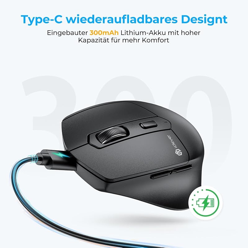 iClever MD360 Ergonomikus Bluetooth Egér - Vezeték Nélküli USB-C Tölthető Egér Jiggler Funkcióval, Csendes Kattintás, 3 Eszköz Csatlakoztatá