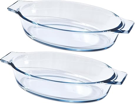 Small Casserole Dishes Oval 2 Pack, 23oz Glass Au Gratin Baking Dish, Individual Oval Baking Pan for Oven Microwave Air Fryer, 1 or 2 Person Servings, Bakeware Clear Prep Bowls with Handle