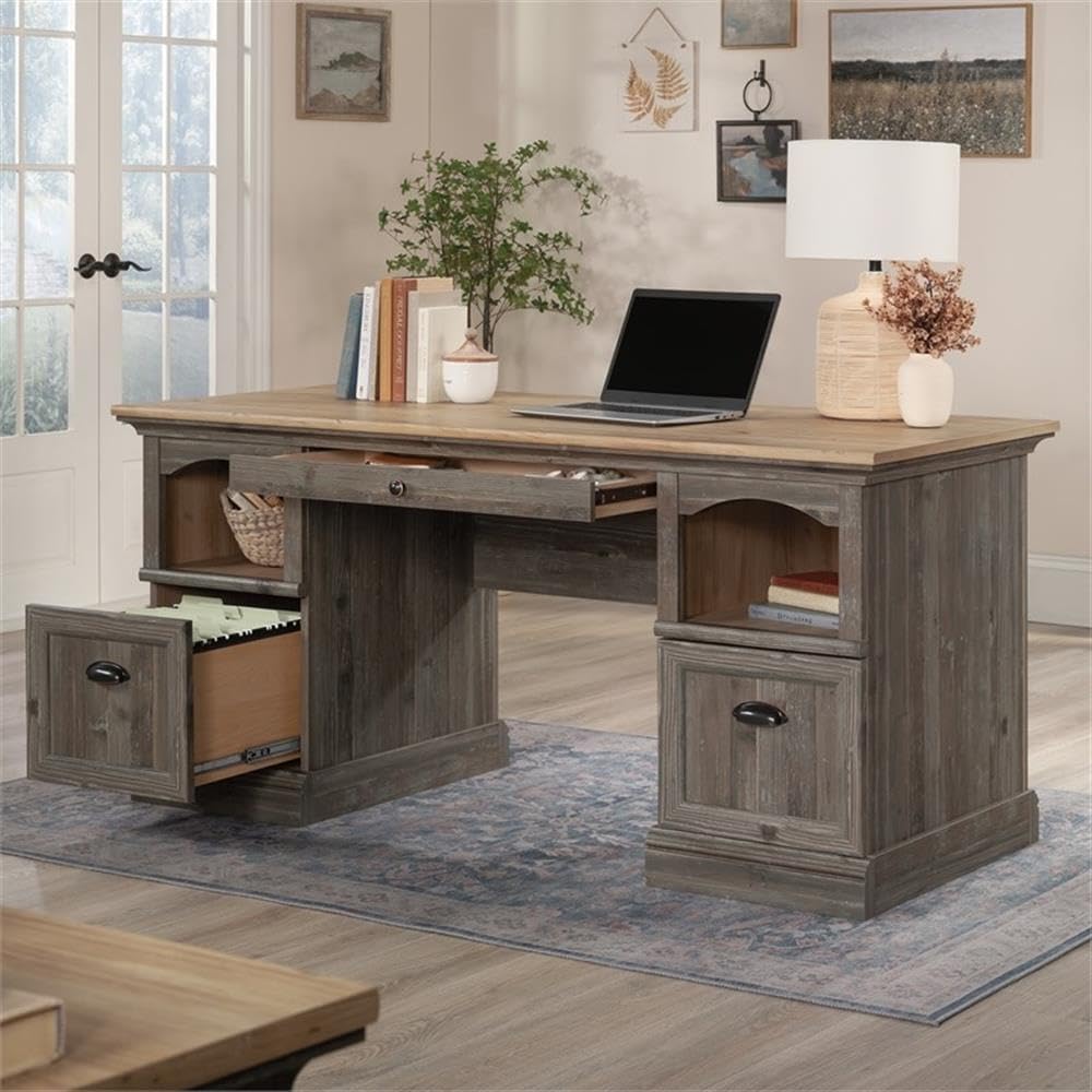 Pemberly Row Contemporary Engineered Wood Executive Desk, 30" H x 65.12" W x 28.58" D, Pebble Pine Finish, Double Pedestal Design with File Drawers, Open Cubby Storage, Home Office Furniture