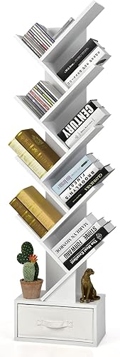 Giantex Estantería de árbol con cajón, 10 estantes que ahorran espacio, estantería de madera blanca, estante de almacenamiento de madera retro