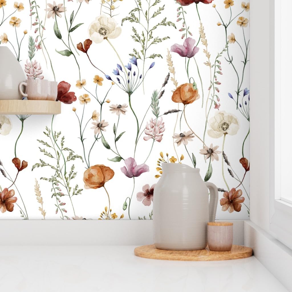 Spoonflower Removable Wallpaper 6ft x 2ft - Meadow Vintage Floral Bohemian Summer Cottagecore Custom Pre-Pasted Wallpaper