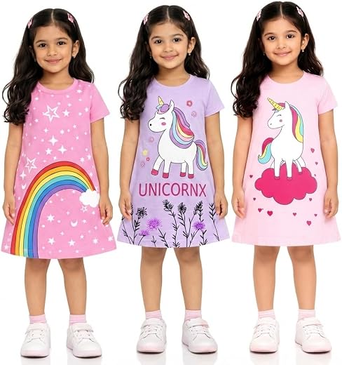 KEESOR Girls Unicorn Nightgown Dress Set, Rainbow and Star Print, Short Sleeve, 3 Pack