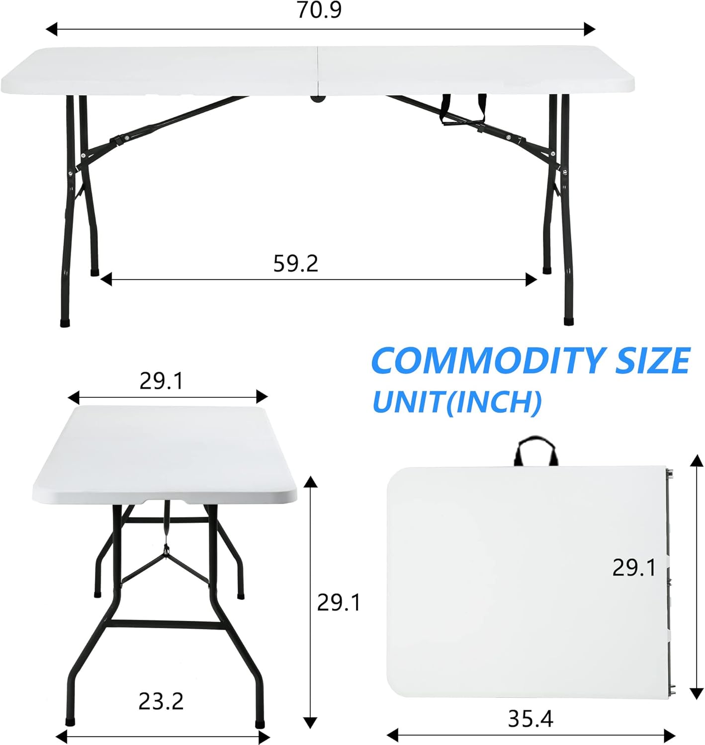 Camping Table Plastic Picnic Table Office Table for Parties Wedding Camping Office with Carrying Handle (White, 6 FT)