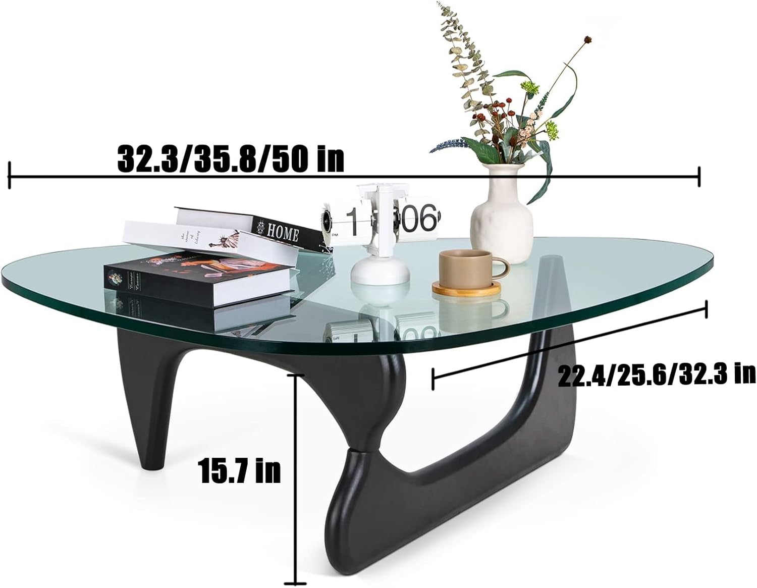 Triangle Coffee Table in Walnut Mid Century Modern Solid Wood Base and Triangle Clear Glass Coffee Table for Living Room Low Minimalist Tea Table Coffee Tables (45 * 32.3 * 16, Black Transparent)