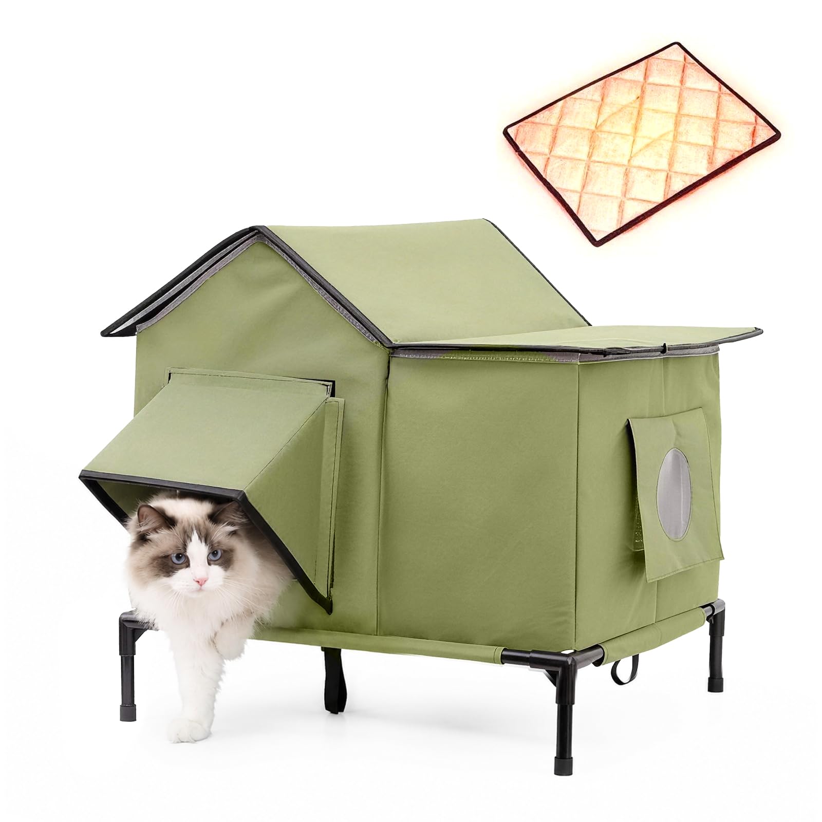 Casetta per gatti per esterni, resistente all'inverno, antipioggia, antivento e termoisolante, con morbida imbottitura e base, facile da pulire e riporre, ideale come cuccia invernale per gatti, verde