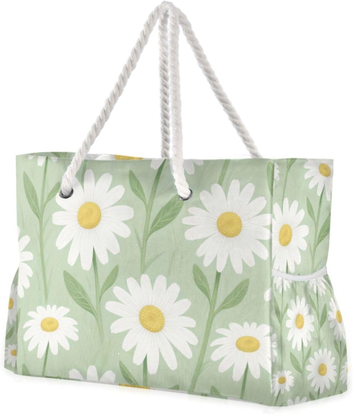 OTVEE Daisy Flowers with Leaves Beach Bags for Women Ladies Large Canvas Tote Shoulder Bag Waterproof Travel Bags for Gym Swim Pool Camping