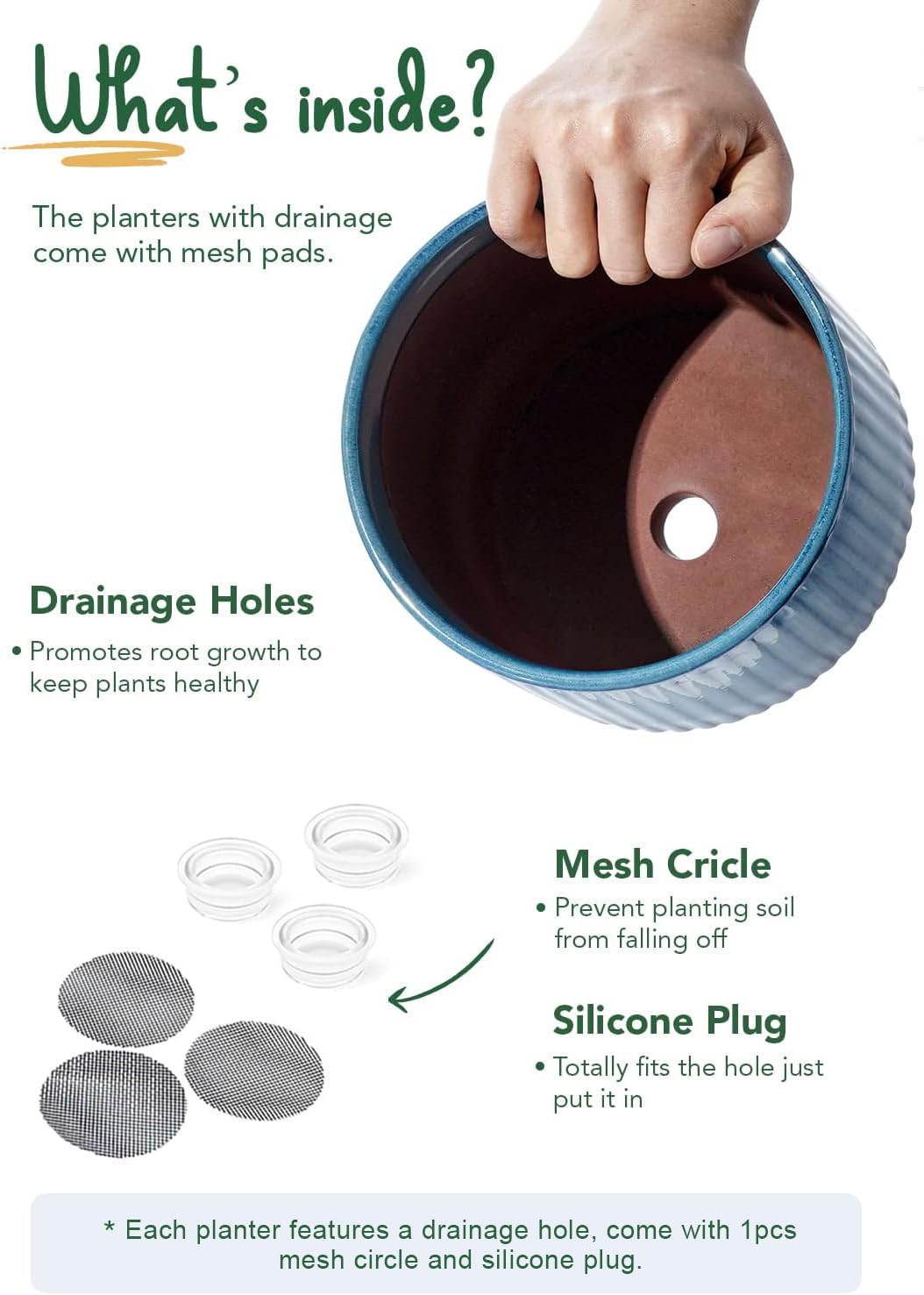LE TAUCI Vasi per piante in ceramica, 20 + 16 + 14 cm con fori di drenaggio, uso interno/esterno, vasi da giardino a righe in stile moderno, verde smalto reattivo