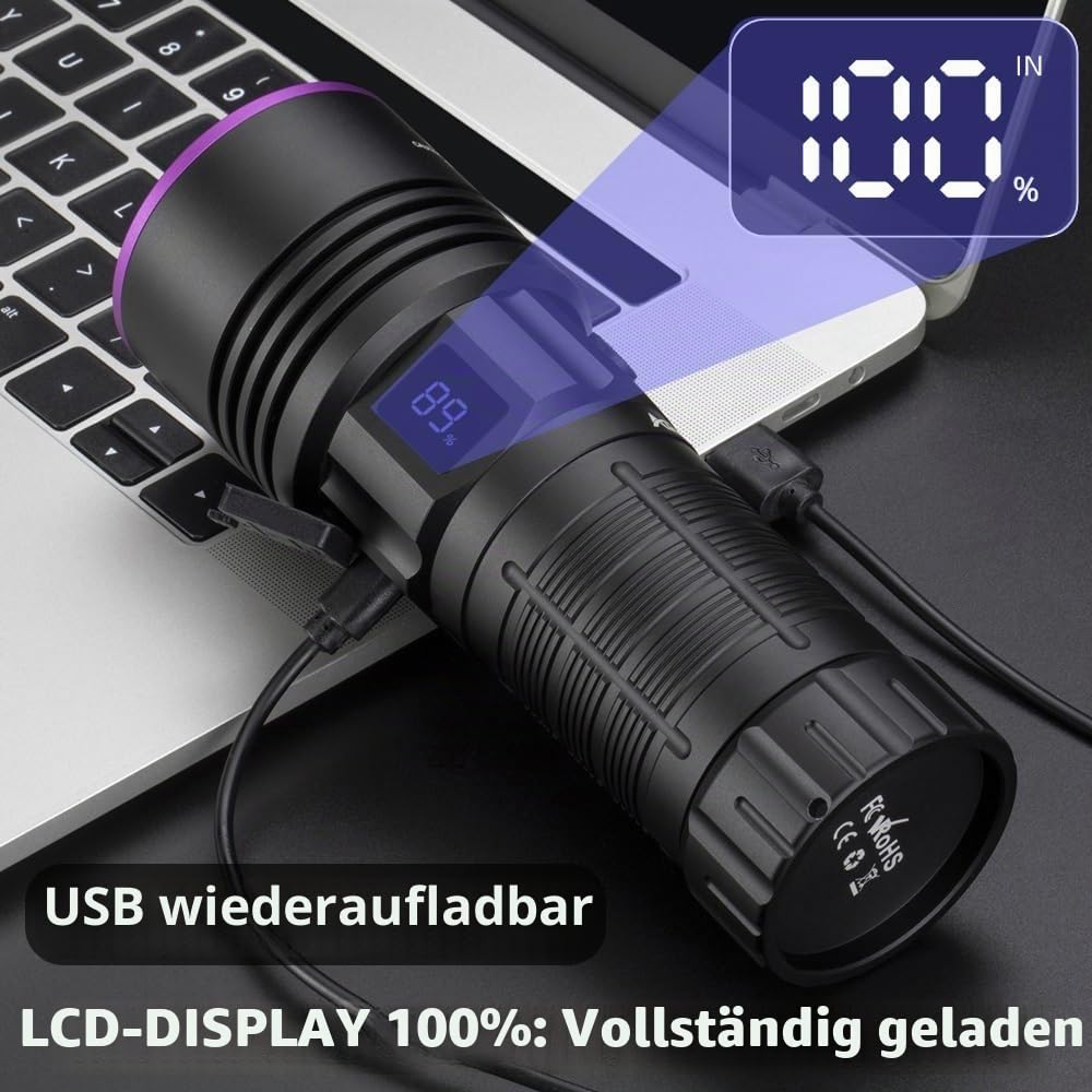 Alonefire SV117 365nm UV Taschenlampe 70W USB Aufladbar Digitale Anzeige Stark Schwarzlicht Haustierurin Detektor für UV Harz, Angeln, Skorpion, Bernstein, Mineralien mit UV Schutzbrille, Batterie