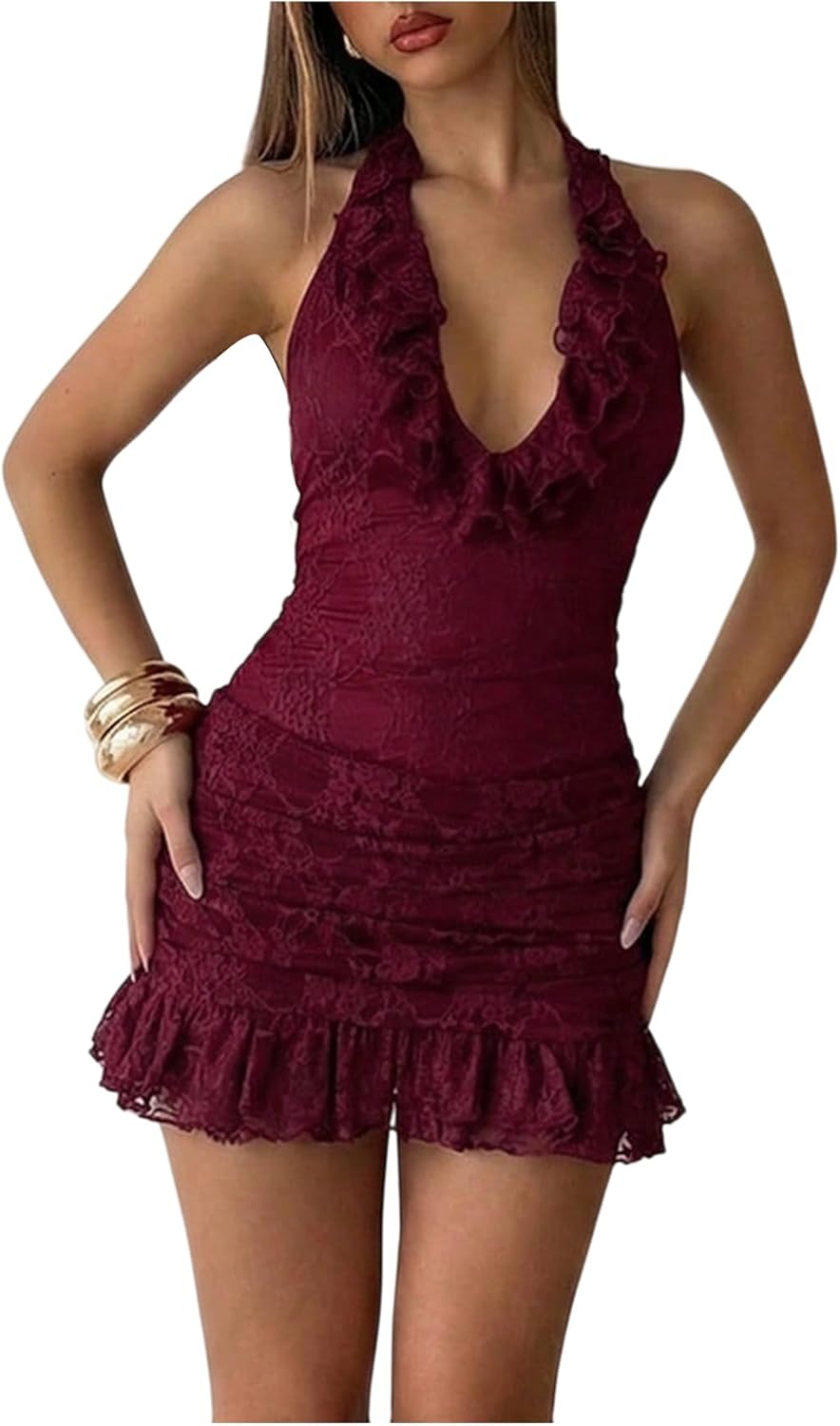 Milumia Women's Floral Lace Ruffle Halter Dress Sexy Deep V Neck Backless Bodycon Mini Dresses