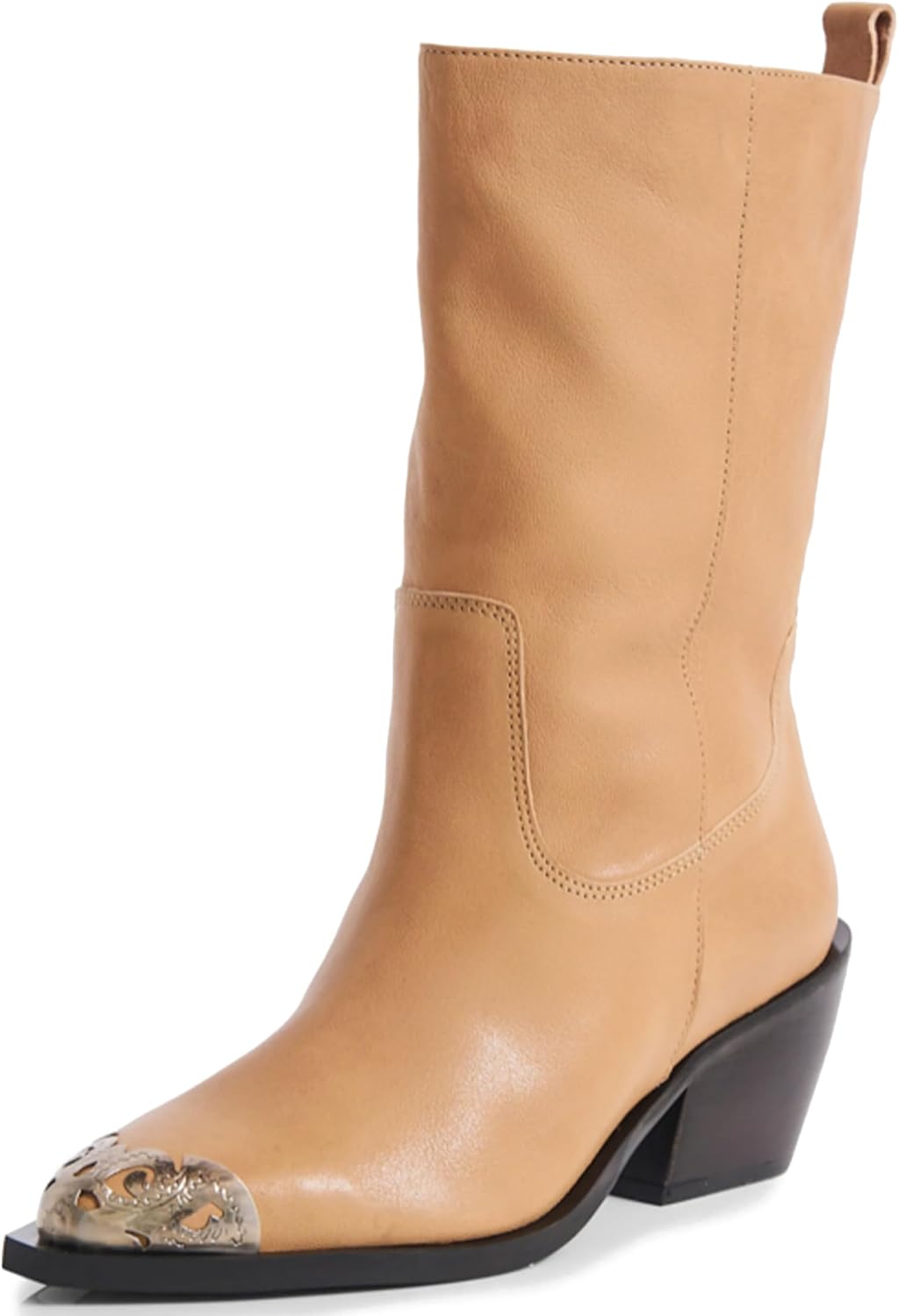 Western Boots for Women Filigree Metal Toe Slouch Cowboy Boot Pointed Toe Pull On Chunky Heeled Boots Stylish Women's Mid Calf Cowgirl Boots