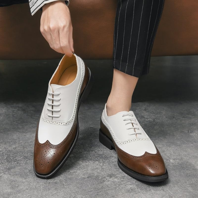Luxury Italian Men's Oxford, Two Tone Genuine Leather Shoes, Men All-Match Dress Shoes, Cap Toe Lace Up Business Formal Shoes, Comfortable Casual Loafers2