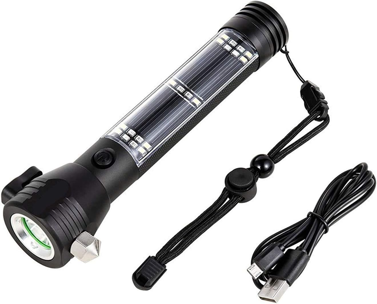 Outdoor Car Flashlight Solar Power Tactical Flashlight Multi Function Flashlight LED Torch With Safety Hammer Seat Belt Cut Compass For Hiking Camping Emergency, Camping, Travel, Hiking Safety